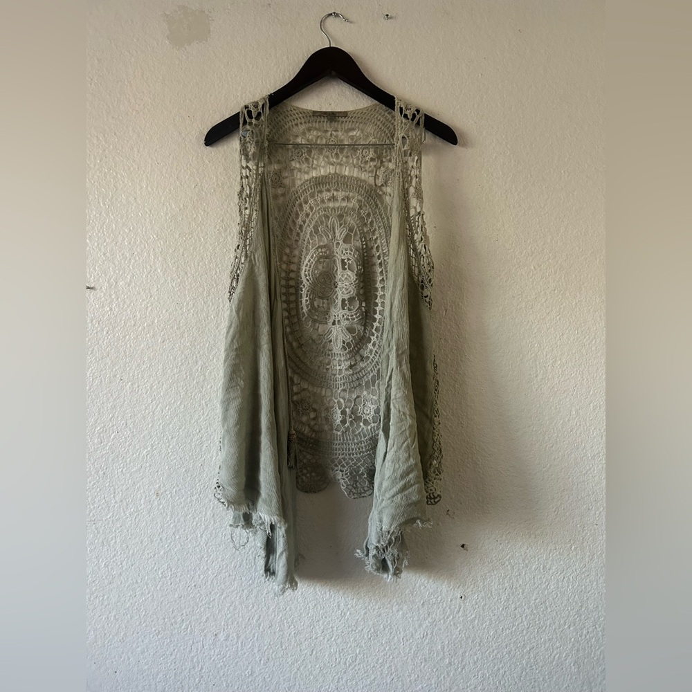 Miss Me Delicate‎ Sage Green Crochet Lace Vest Overlay Boho Fairy Dainty